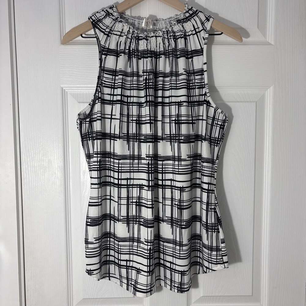 Per Seption Black & White Geometric Sleeveless Shirring Neckline Sz XL Cute Top